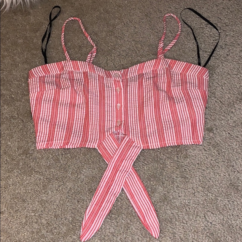 Red and White Striped Crop Top w Tie at Bottom